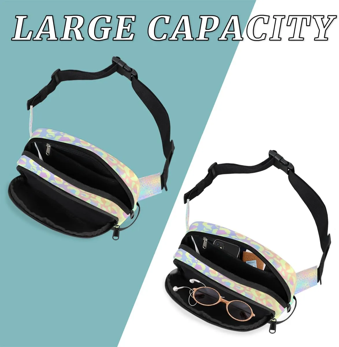 Leopard Print Fanny Pack for Men Women Rainbow Leopard Crossbody Waist Bag with Adjustable Strap, Waterproof Belt Bag for Travel Walking Running Hiking Cycling Outdoors Workout