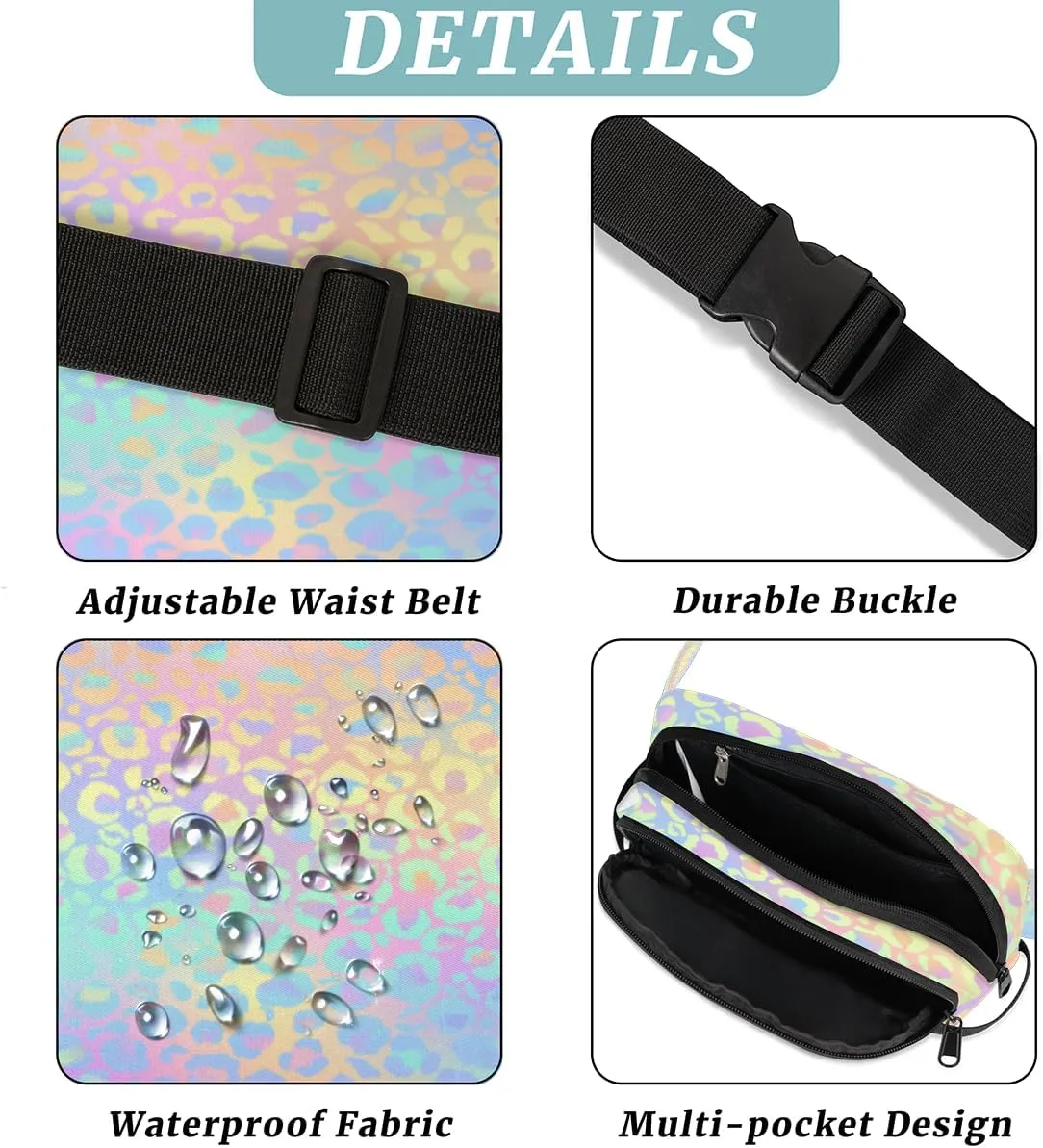 Leopard Print Fanny Pack for Men Women Rainbow Leopard Crossbody Waist Bag with Adjustable Strap, Waterproof Belt Bag for Travel Walking Running Hiking Cycling Outdoors Workout