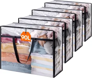 Lifewit 4 Pack Clear Clothes Storage Bags, 90L Plastic Blanket Storage Bag, Vinyl Foldable Moving Bags with Zipper，Closet Organizers and Storage Containers for Comforter, Bedding, Duvet, Pillow
