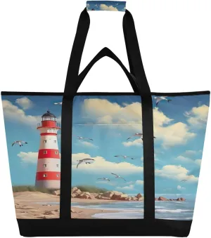 Lighthouse Reusable Insulated Lunchbox Cooler Bag, Leakproof Kitchen Grocery Bag Collapsible Portable Cooler Tote Bag for Picnic, Camping, Office, Travel