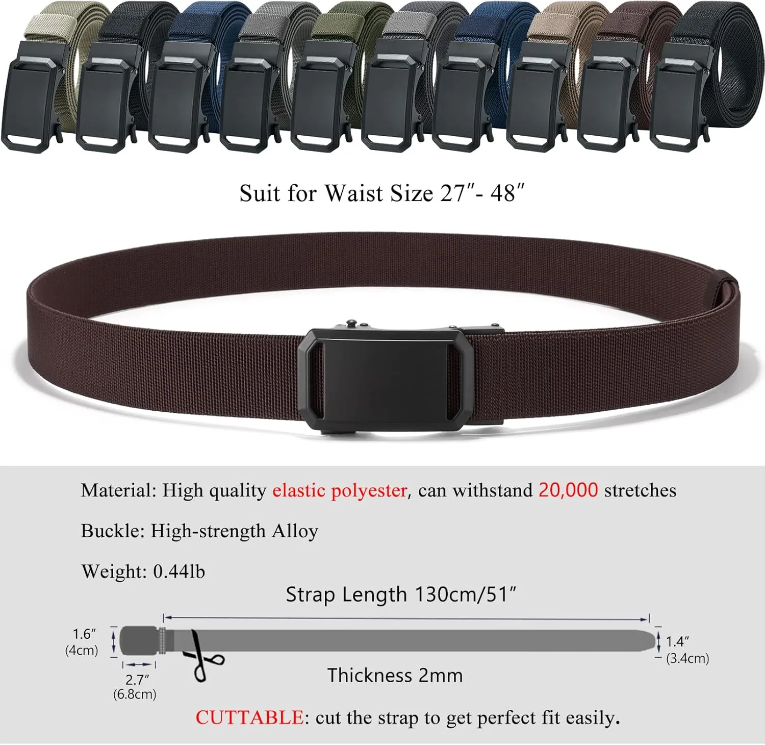 LionVII Ratchet Elastic Stretch Belts, 1 3/8" Belt for Men with Automatic Buckle for Men, Adjustable Trim to Fit 27-49" Waist