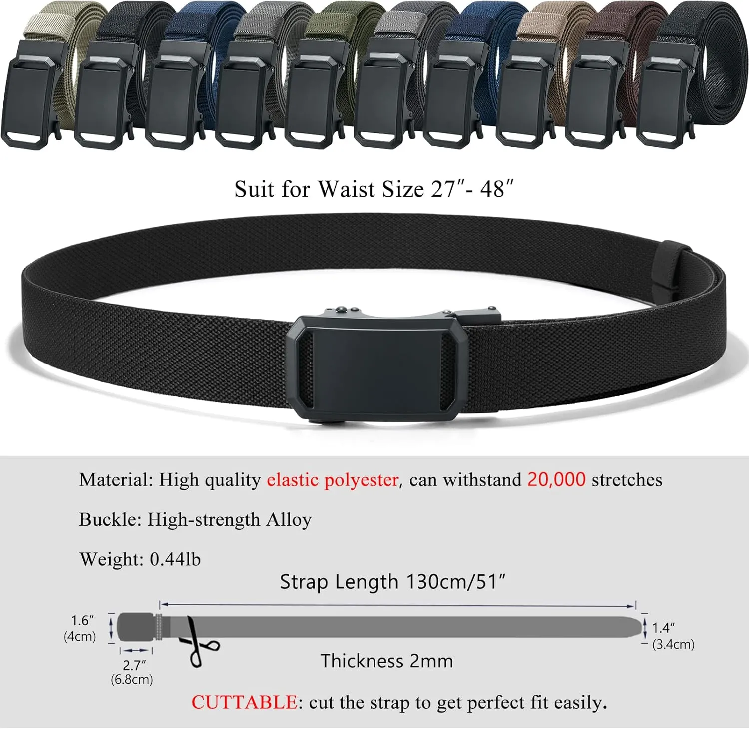 LionVII Ratchet Elastic Stretch Belts, 1 3/8" Belt for Men with Automatic Buckle for Men, Adjustable Trim to Fit 27-49" Waist