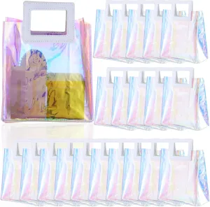 Lnrueg 20 Pcs Holographic Tote Bags, 7''x4''x8'' Clear PVC Tote Bags with Handles, clear holographic bag, Reusable Iridescent Gift Bags for Women Girl Wedding Party Shopping