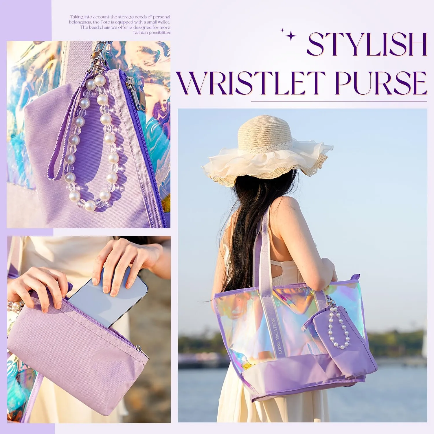 LONG VACATION Beach Bags for Women, PVC Travel Tote Waterproof Sandproof, Beach Bag with Zipper, Iridescent Beach Tote Bag