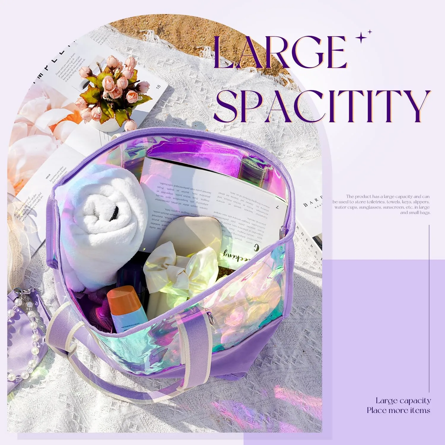 LONG VACATION Beach Bags for Women, PVC Travel Tote Waterproof Sandproof, Beach Bag with Zipper, Iridescent Beach Tote Bag