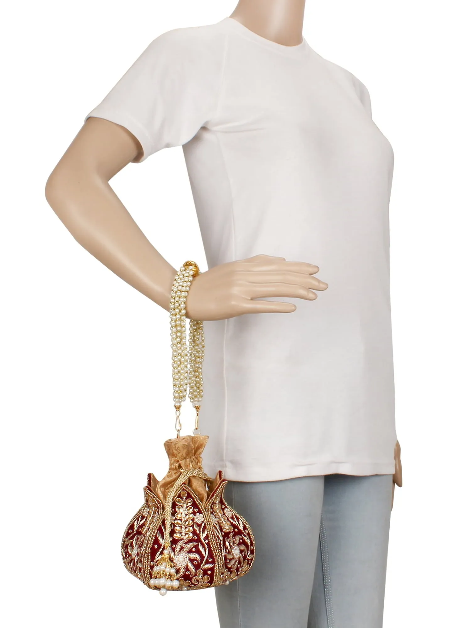Lotus Embelished Velvet Potli