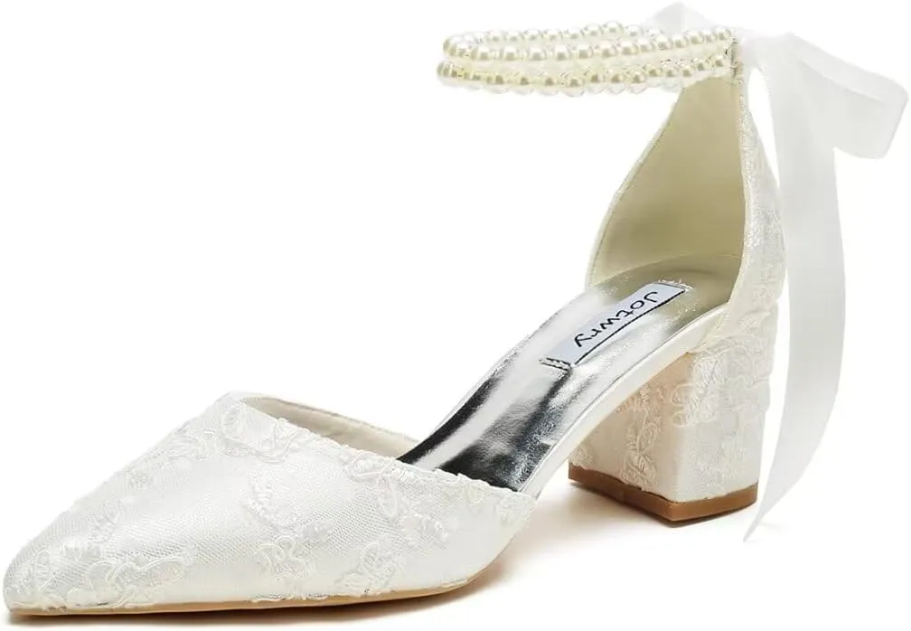 Low Block Heel Wedding Shoes for Bride Pointed Toe Pearl Wedding Heels Bridal Shoes