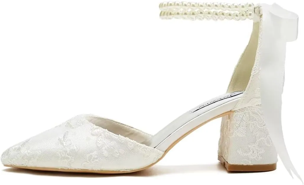 Low Block Heel Wedding Shoes for Bride Pointed Toe Pearl Wedding Heels Bridal Shoes