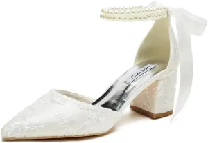 Low Block Heel Wedding Shoes for Bride Pointed Toe Pearl Wedding Heels Bridal Shoes