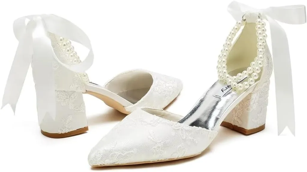 Low Block Heel Wedding Shoes for Bride Pointed Toe Pearl Wedding Heels Bridal Shoes