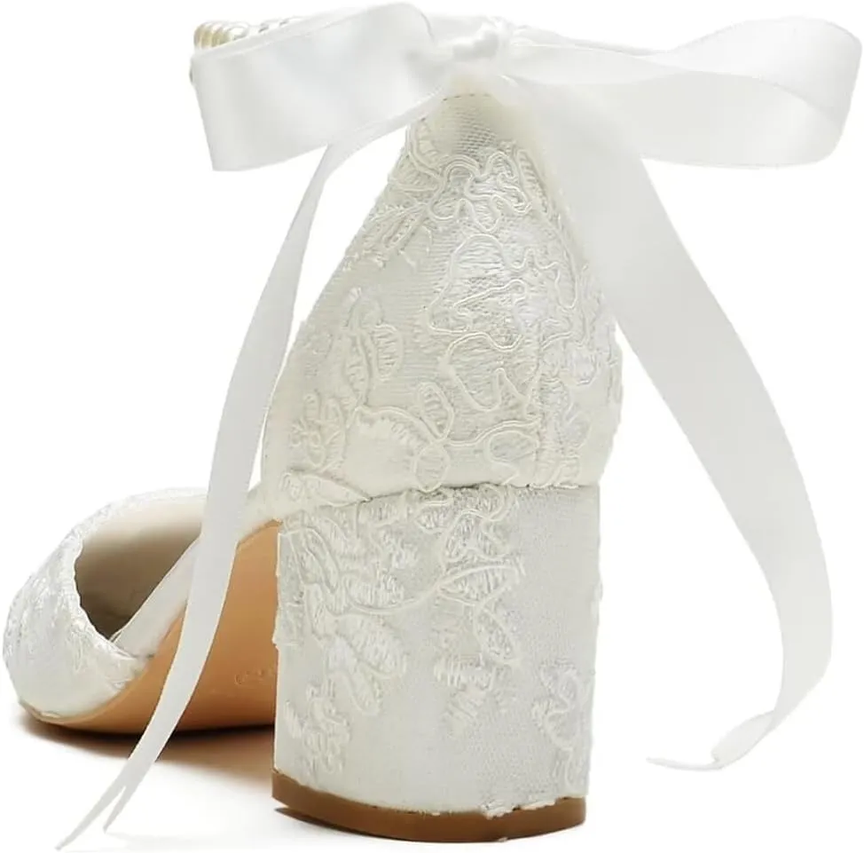 Low Block Heel Wedding Shoes for Bride Pointed Toe Pearl Wedding Heels Bridal Shoes