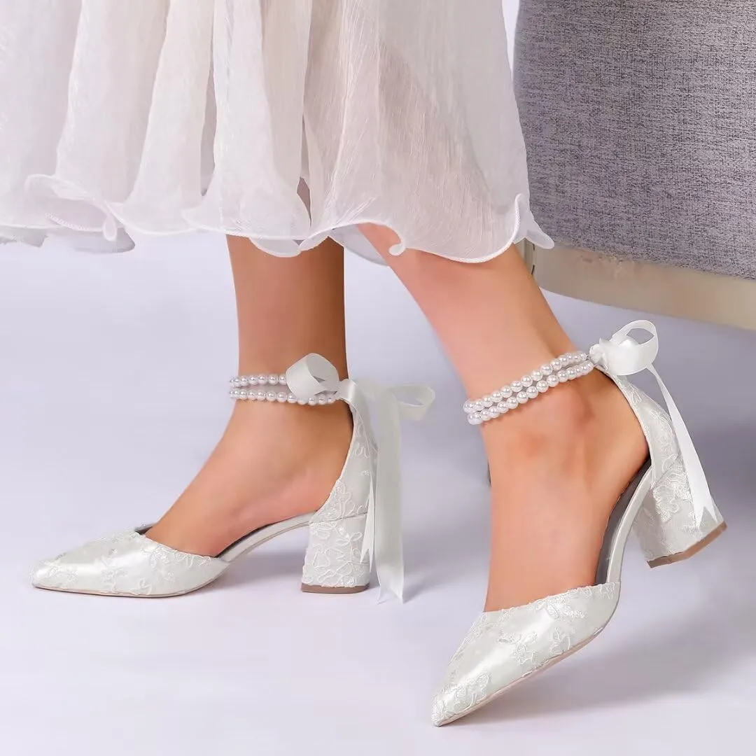 Low Block Heel Wedding Shoes for Bride Pointed Toe Pearl Wedding Heels Bridal Shoes