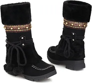 Low Heel Slip On Snow Boots, Raw Edge Fluffy Ball Lace Up Straight Boots Anti Slip Winter Boots Crystal Embellished Exotic Women's Fashion Boots