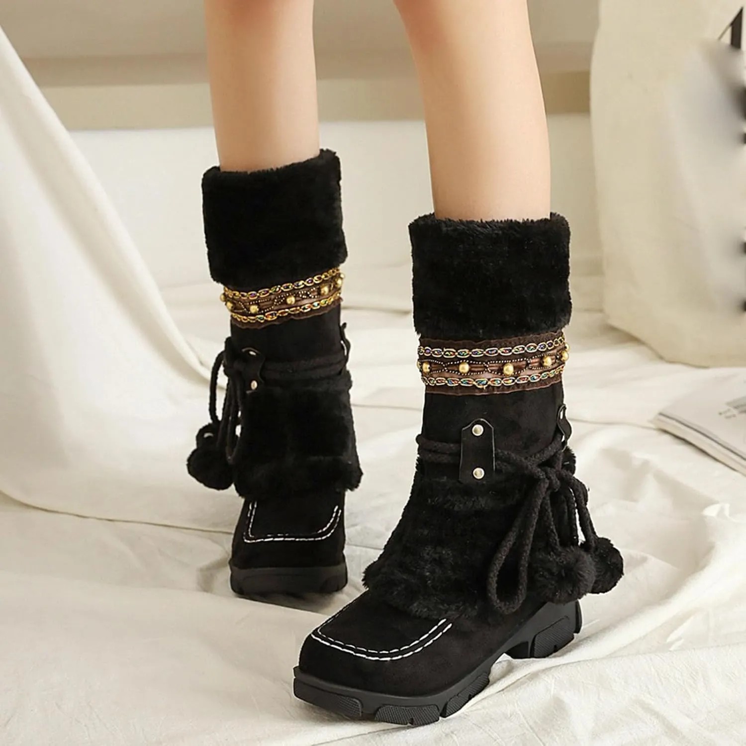 Low Heel Slip On Snow Boots, Raw Edge Fluffy Ball Lace Up Straight Boots Anti Slip Winter Boots Crystal Embellished Exotic Women's Fashion Boots