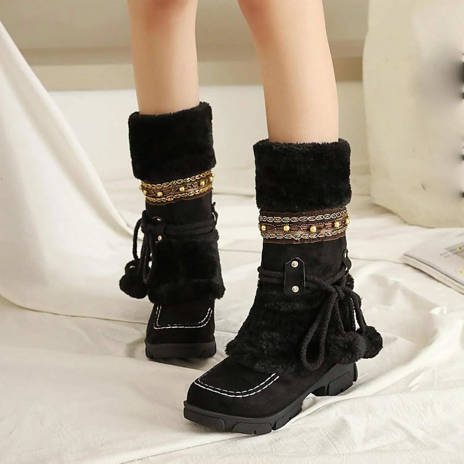 Low Heel Slip On Snow Boots, Raw Edge Fluffy Ball Lace Up Straight Boots Anti Slip Winter Boots Crystal Embellished Exotic Women's Fashion Boots