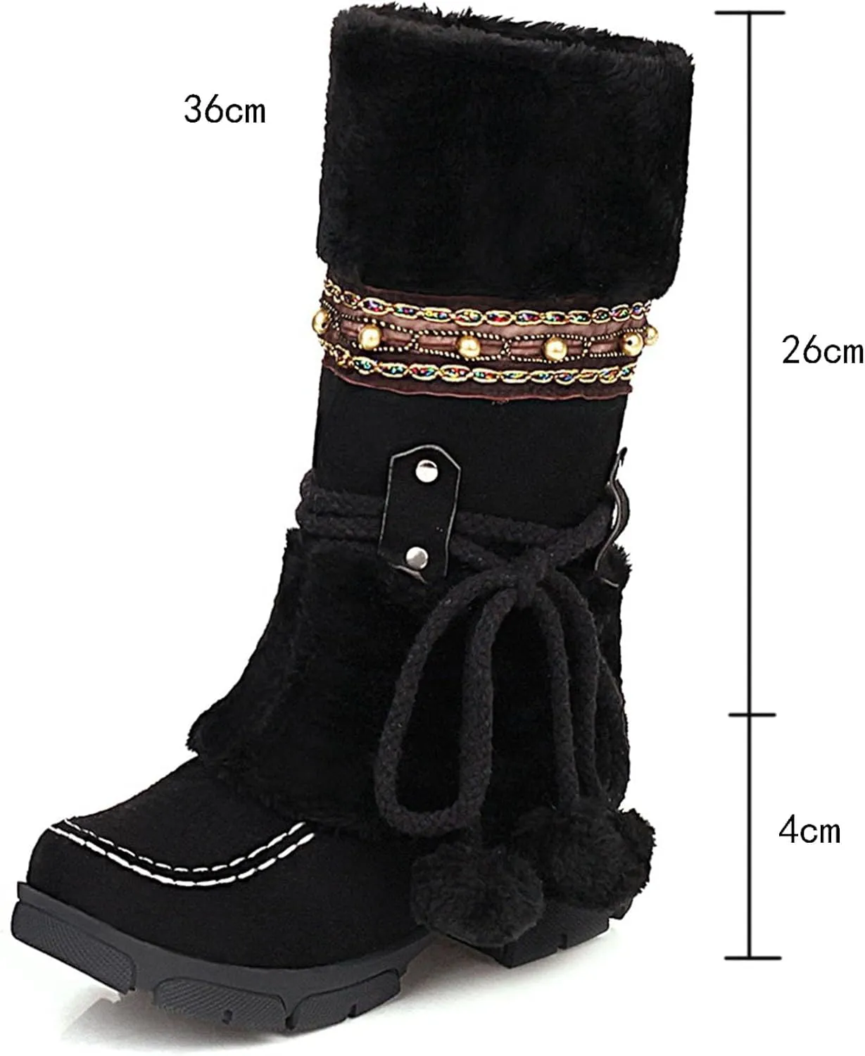 Low Heel Slip On Snow Boots, Raw Edge Fluffy Ball Lace Up Straight Boots Anti Slip Winter Boots Crystal Embellished Exotic Women's Fashion Boots
