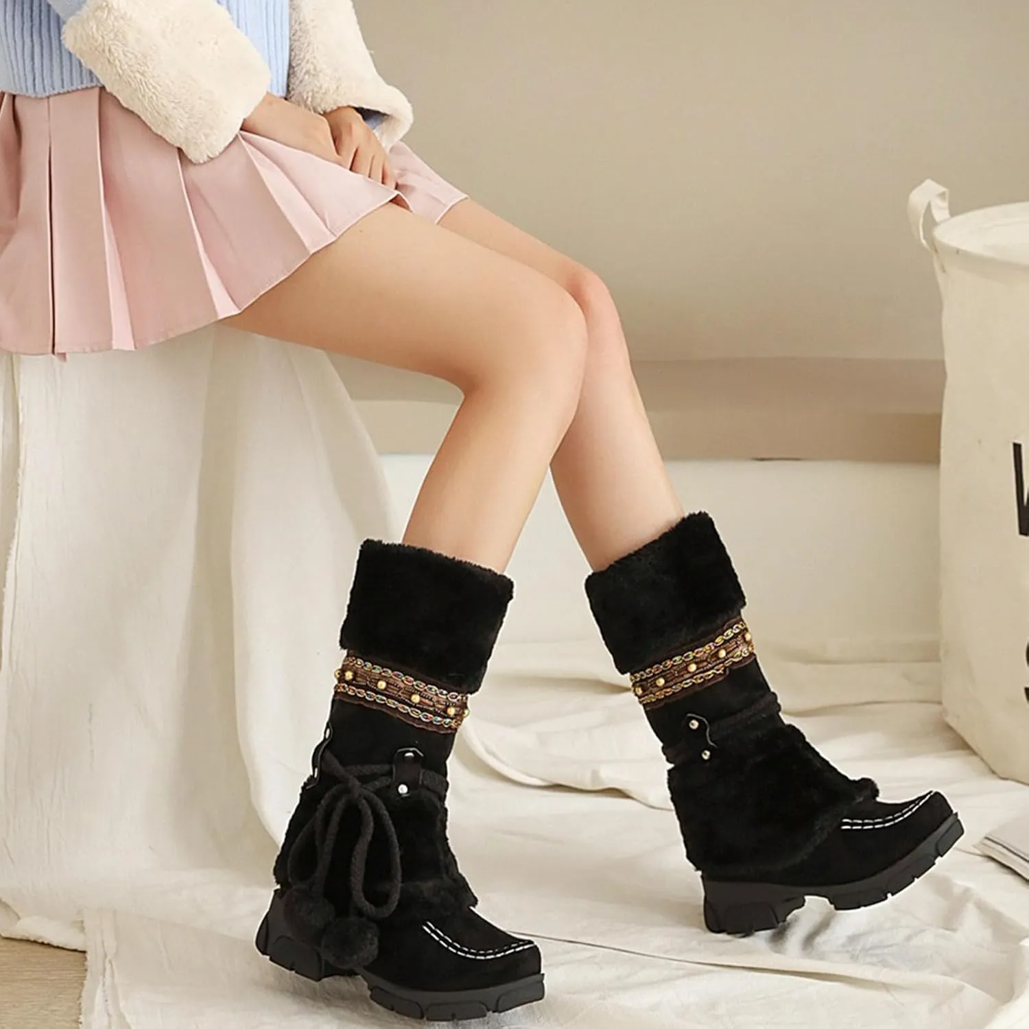 Low Heel Slip On Snow Boots, Raw Edge Fluffy Ball Lace Up Straight Boots Anti Slip Winter Boots Crystal Embellished Exotic Women's Fashion Boots