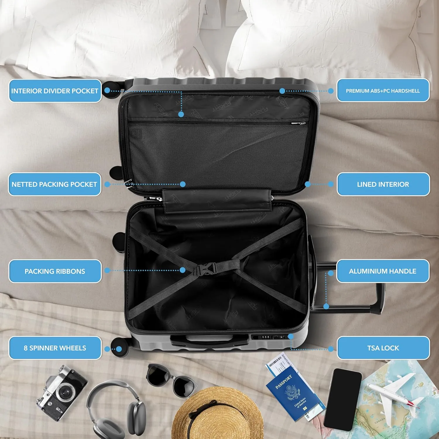 Luggage Sets TSA Lock Silent Double Spinner Wheels Durable Hardside Lightweight Suitcase With 24x16x10 Carry-On Case Maximum Carry On Bag Size For Virgin & South West Approved Airlines