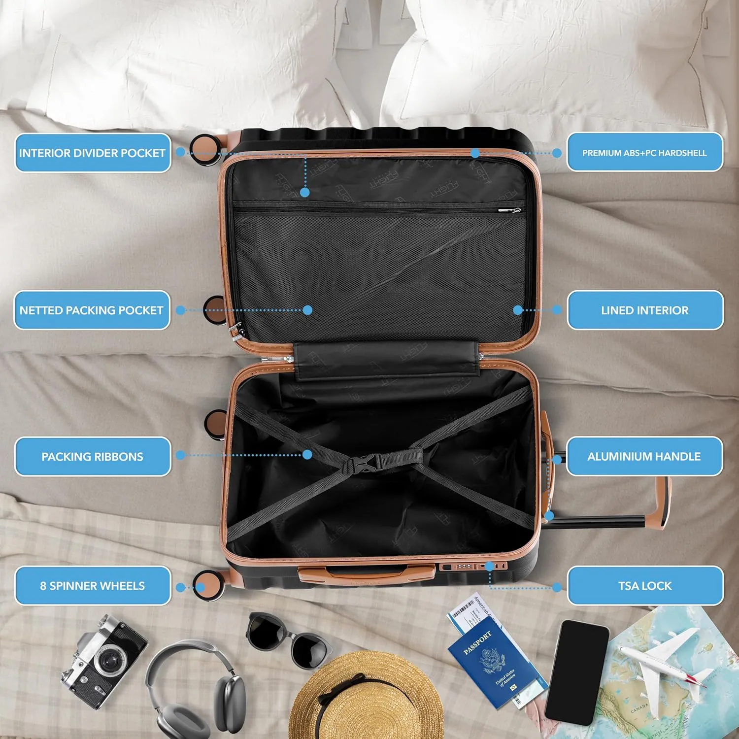 Luggage Sets TSA Lock Silent Double Spinner Wheels Durable Hardside Lightweight Suitcase With 24x16x10 Carry-On Case Maximum Carry On Bag Size For Virgin & South West Approved Airlines