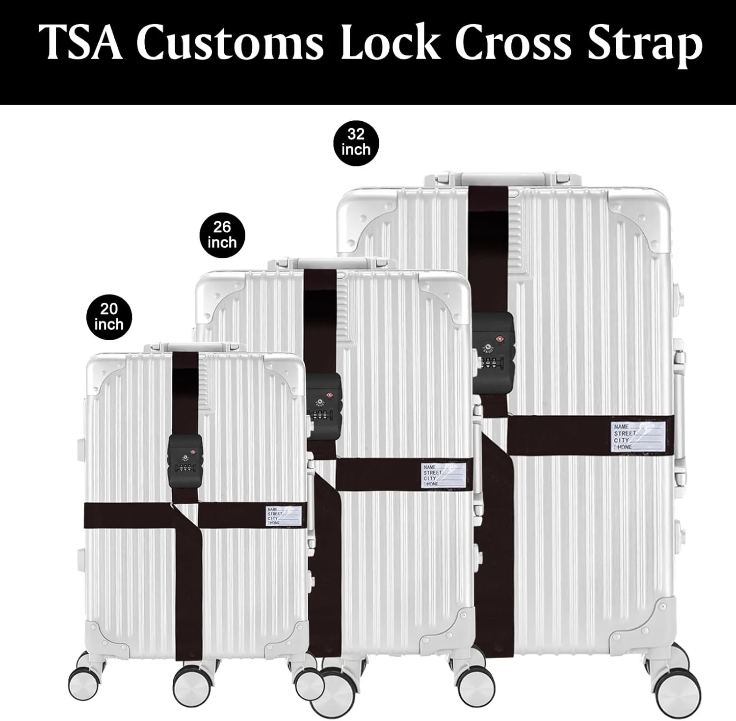 Luggage Strap Cross Luggage Strap Belt with TSA Certified Customs Lock Adjustable Non-Slip Suitcase Strap Travel Suitcase Belts for 20-34 inch Suitcase (Black)