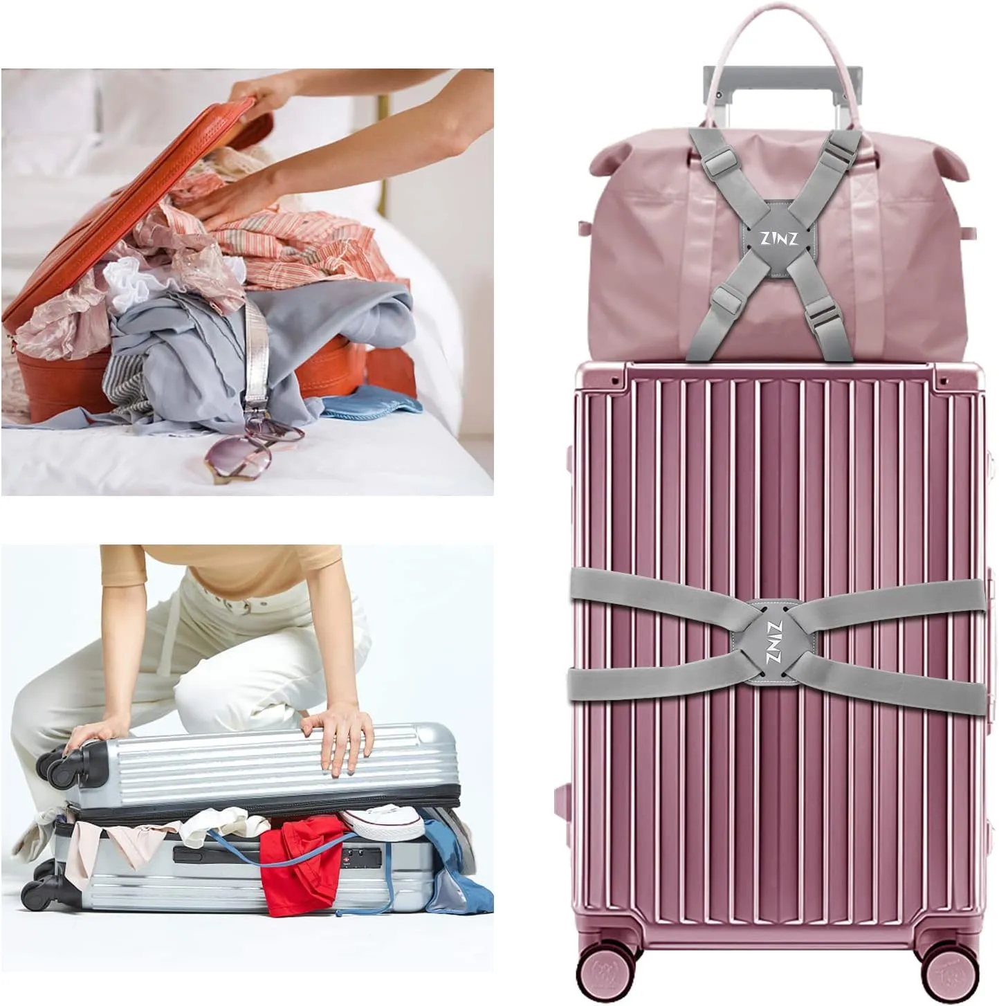 Luggage Strap, ZINZ High Elastic Suitcase Adjustable Belt Bag Bungees with Buckles and More Applications (Gray-001)