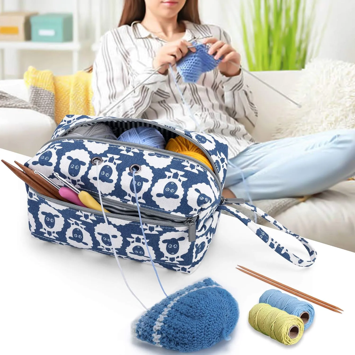 Luxja Small Yarn Storage Bag, Portable Knitting Bag for Yarn Skeins, Crochet Hooks, Knitting Needles (up to 8 Inches) and Other Small Accessories (Small, Sheep)
