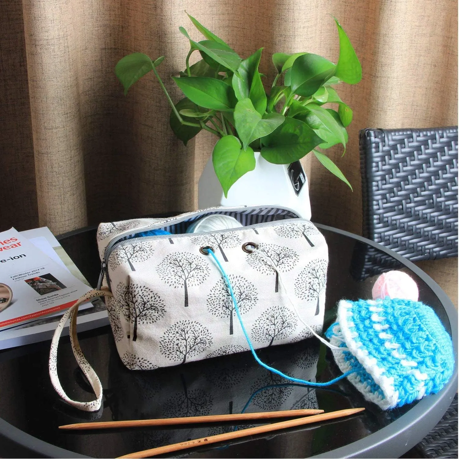 Luxja Small Yarn Storage Bag, Portable Knitting Bag for Yarn Skeins, Crochet Hooks, Knitting Needles (up to 8 Inches) and Other Small Accessories (Small, Trees)