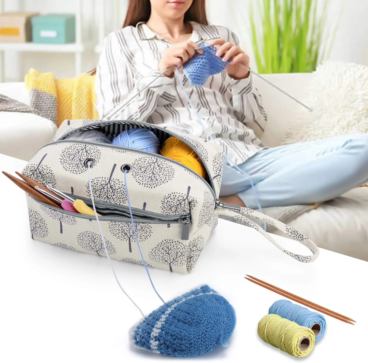 Luxja Small Yarn Storage Bag, Portable Knitting Bag for Yarn Skeins, Crochet Hooks, Knitting Needles (up to 8 Inches) and Other Small Accessories (Small, Trees)