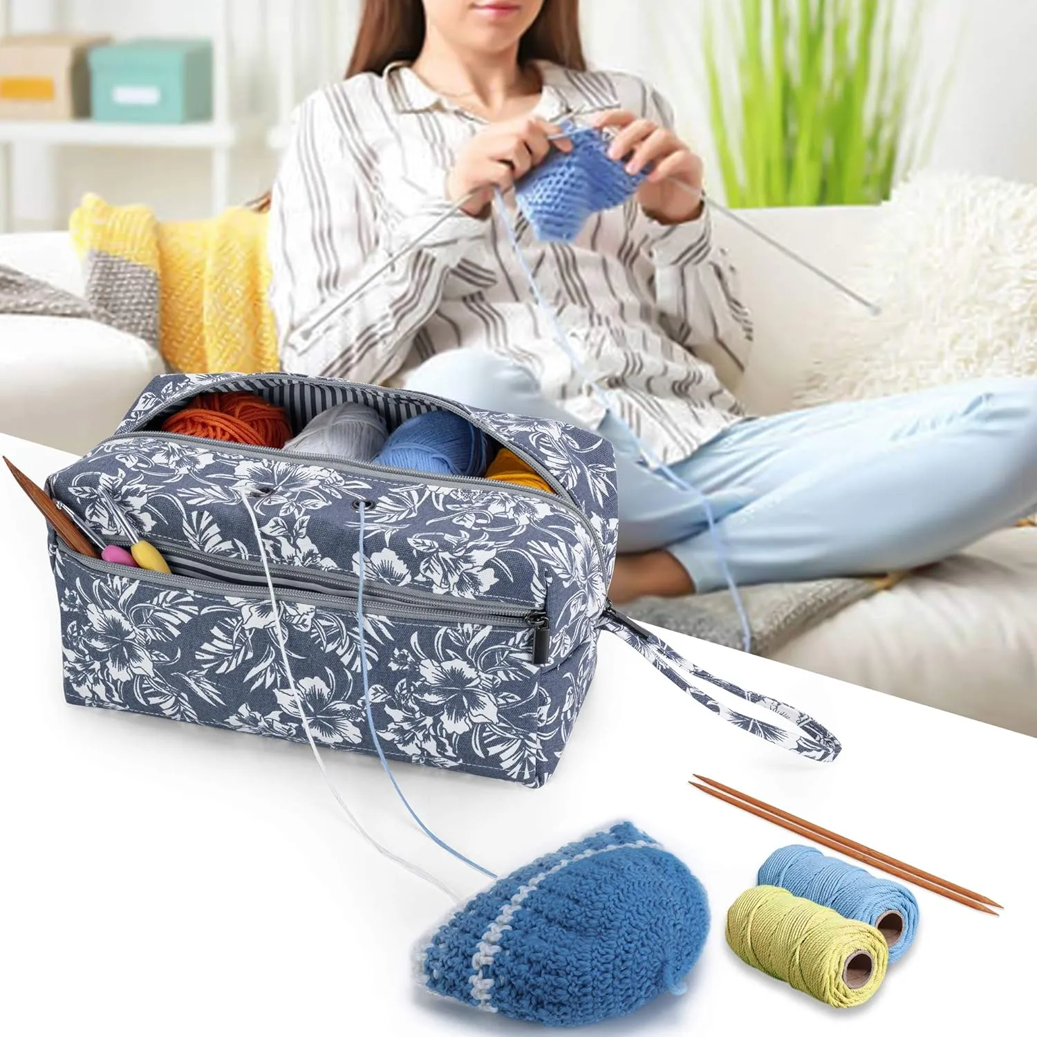 Luxja Yarn Storage Bag, Carrying Knitting Bag for Yarn Skeins, Crochet Hooks, Knitting Needles (up to 10 Inches) and Other Small Accessories (Large, Flowers)