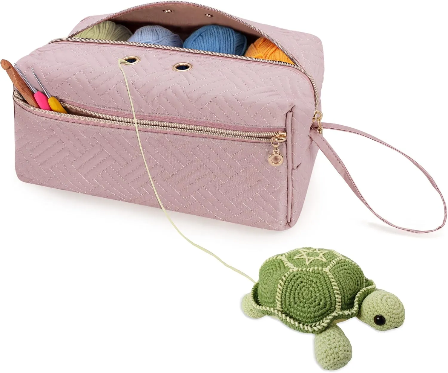 LUXJA Yarn Storage Bag, Carrying Knitting Bag for Yarn Skeins, Crochet Hooks, Knitting Needles (up to 10 Inches) and Other Small Accessories (Large, Pink)
