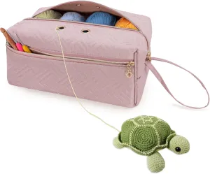 LUXJA Yarn Storage Bag, Carrying Knitting Bag for Yarn Skeins, Crochet Hooks, Knitting Needles (up to 10 Inches) and Other Small Accessories (Large, Pink)