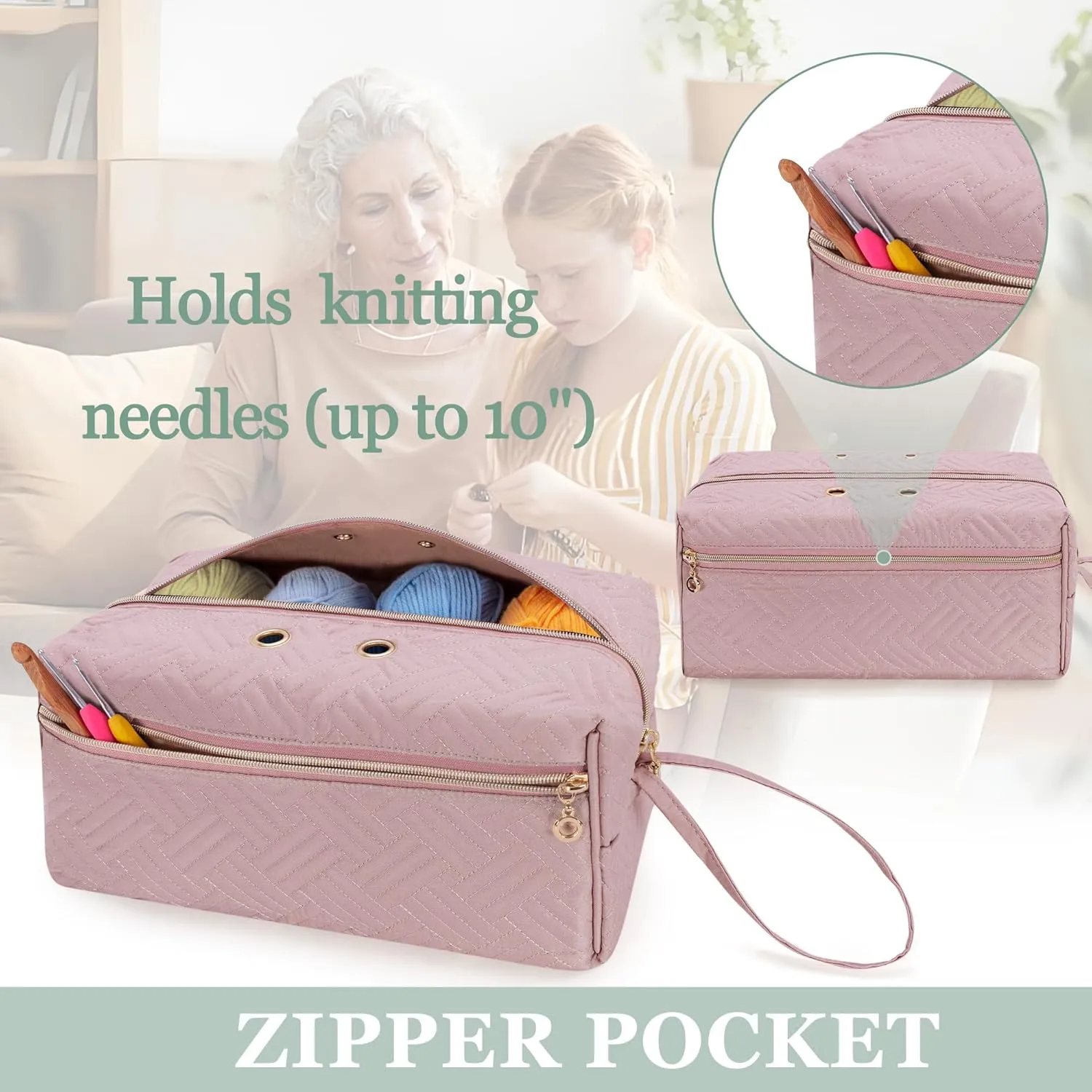 LUXJA Yarn Storage Bag, Carrying Knitting Bag for Yarn Skeins, Crochet Hooks, Knitting Needles (up to 10 Inches) and Other Small Accessories (Large, Pink)