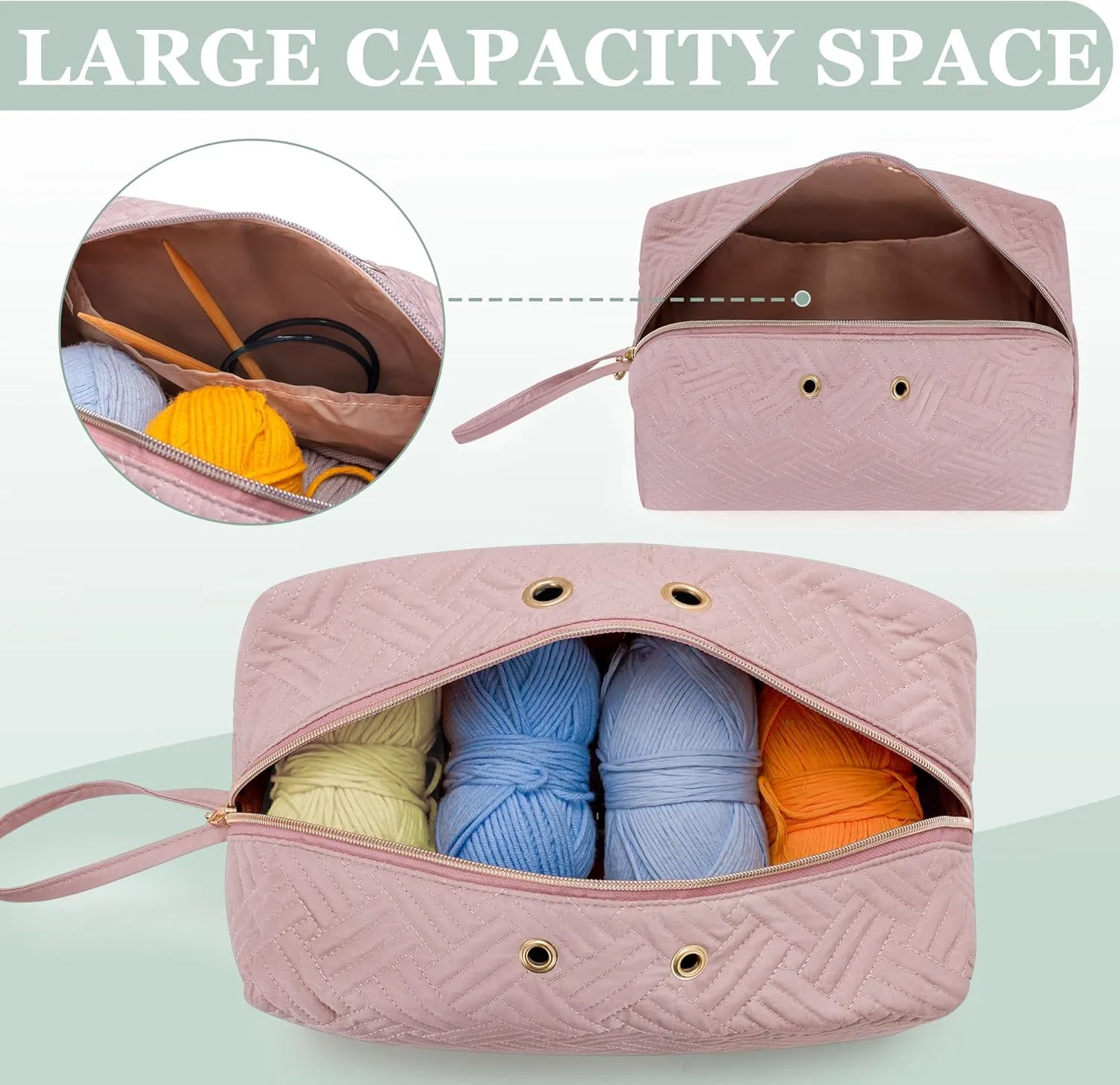 LUXJA Yarn Storage Bag, Carrying Knitting Bag for Yarn Skeins, Crochet Hooks, Knitting Needles (up to 10 Inches) and Other Small Accessories (Large, Pink)
