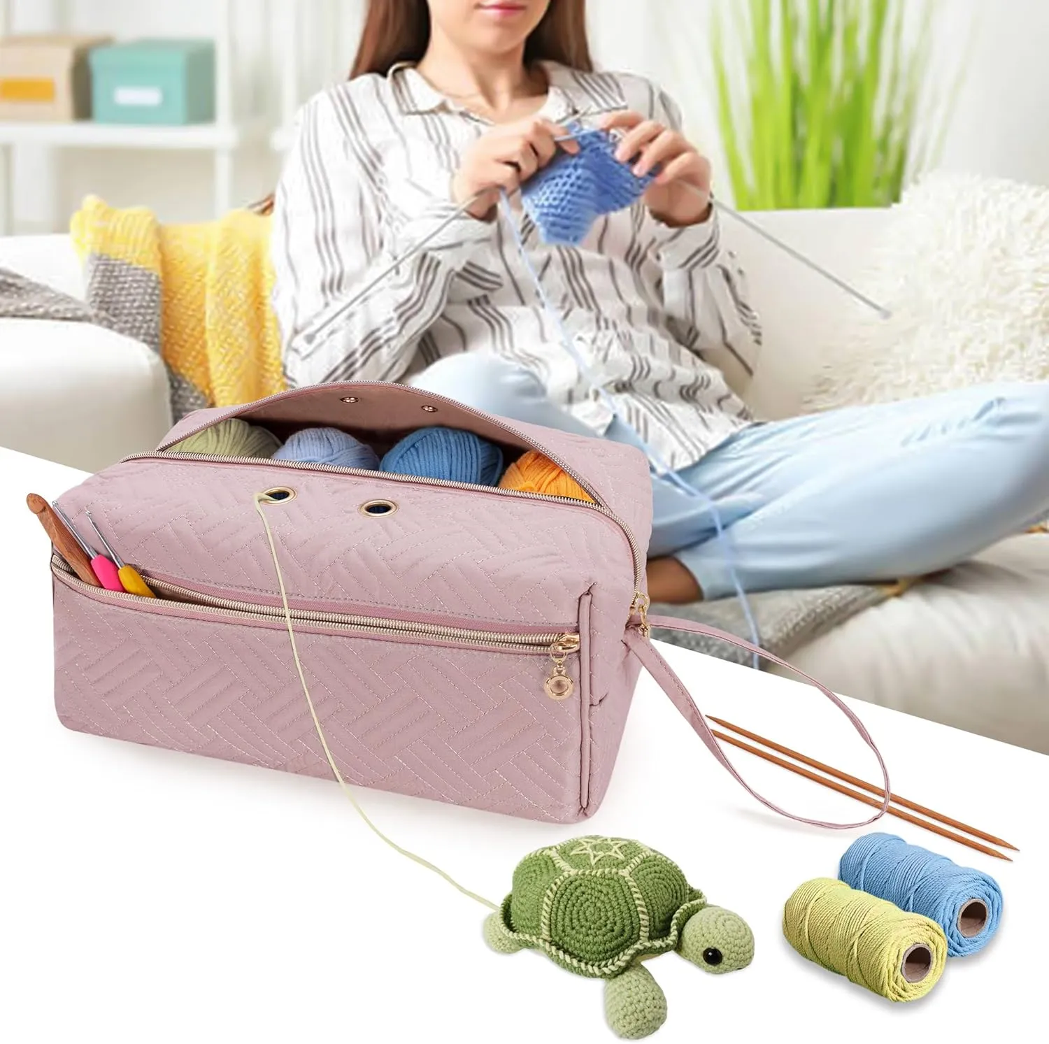 LUXJA Yarn Storage Bag, Carrying Knitting Bag for Yarn Skeins, Crochet Hooks, Knitting Needles (up to 10 Inches) and Other Small Accessories (Large, Pink)