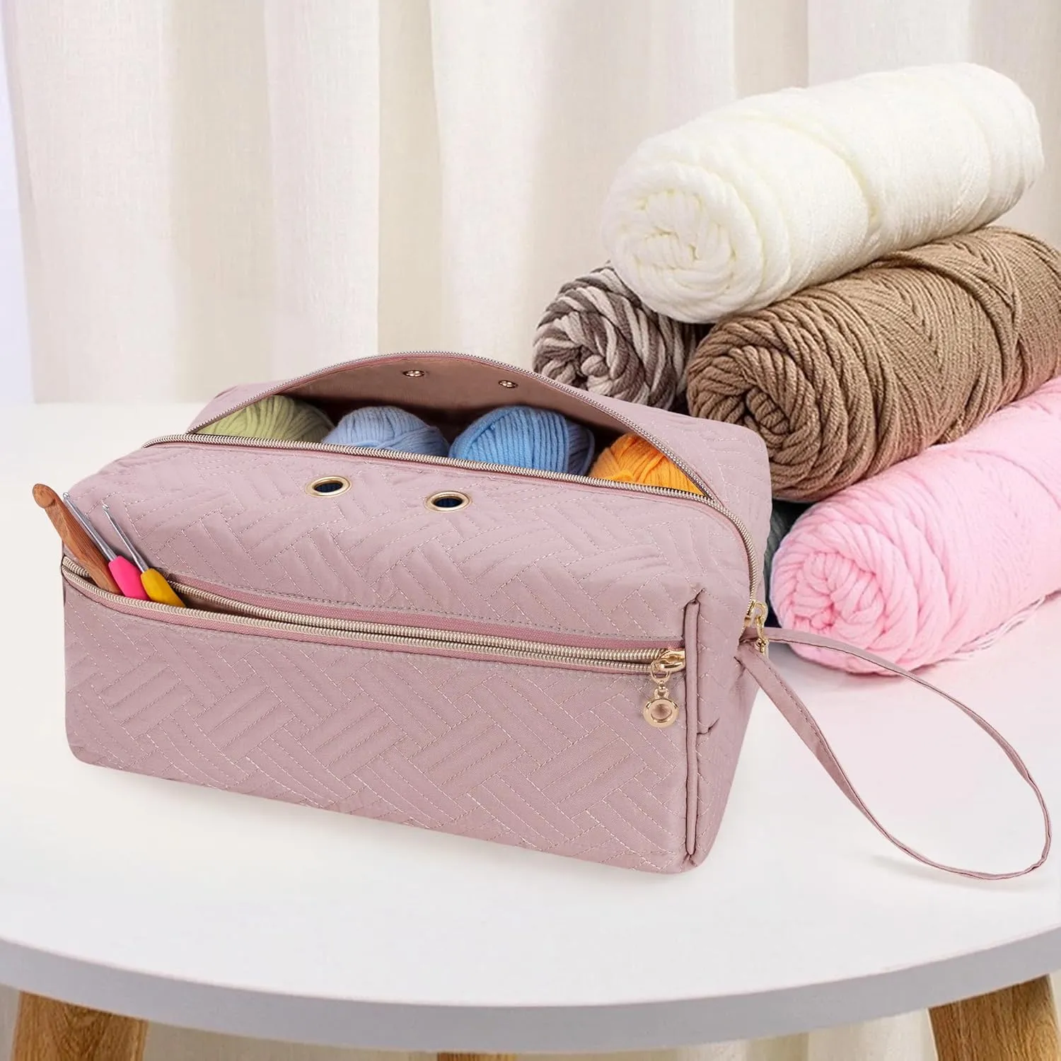 LUXJA Yarn Storage Bag, Carrying Knitting Bag for Yarn Skeins, Crochet Hooks, Knitting Needles (up to 10 Inches) and Other Small Accessories (Large, Pink)
