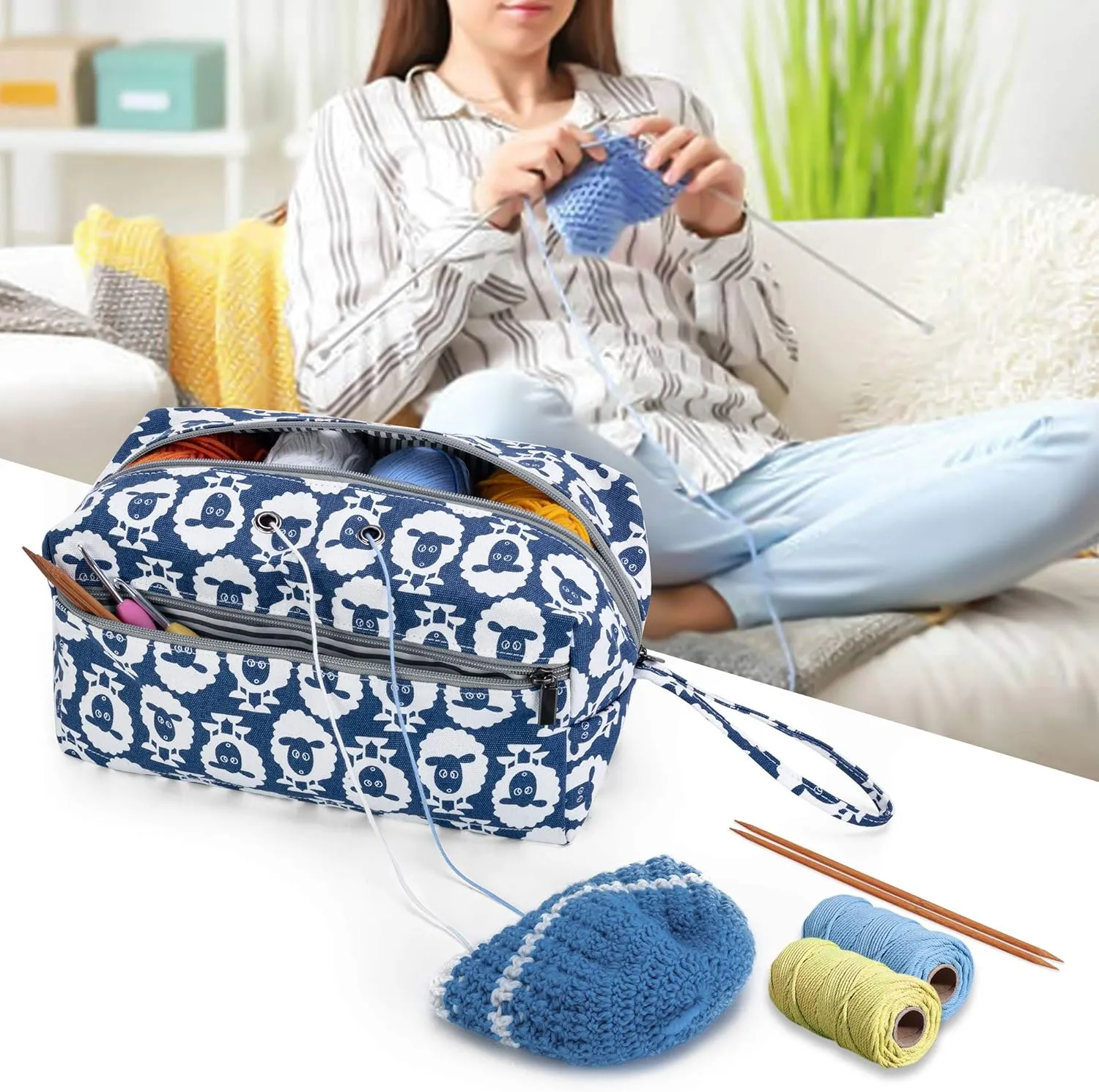 Luxja Yarn Storage Bag, Carrying Knitting Bag for Yarn Skeins, Crochet Hooks, Knitting Needles (up to 10 Inches) and Other Small Accessories (Large, Sheep)