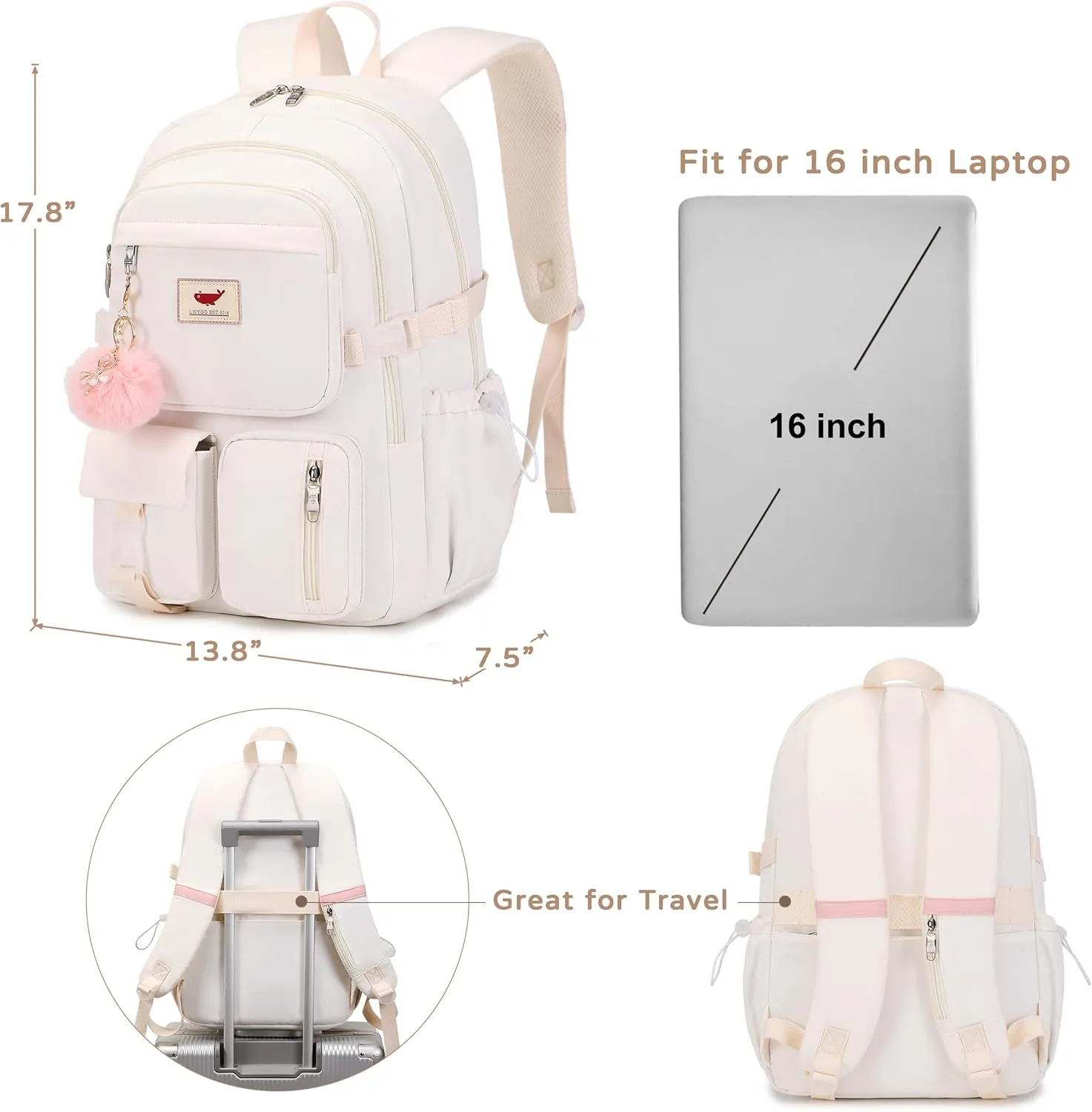 LXYGD Laptop Backpack 15.6 Inch Kids Elementary Middle High School Bag College Backpacks Anti Theft Travel Back Pack Large Bookbags for Teens Girls Women Students (Off-white)
