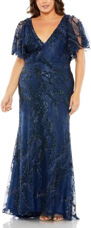 Mac Duggal Womens Plus Embellished Lace Evening Dress