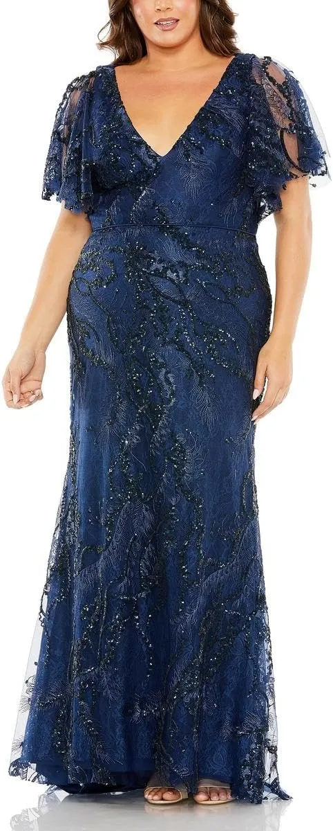 Mac Duggal Womens Plus Embellished Lace Evening Dress