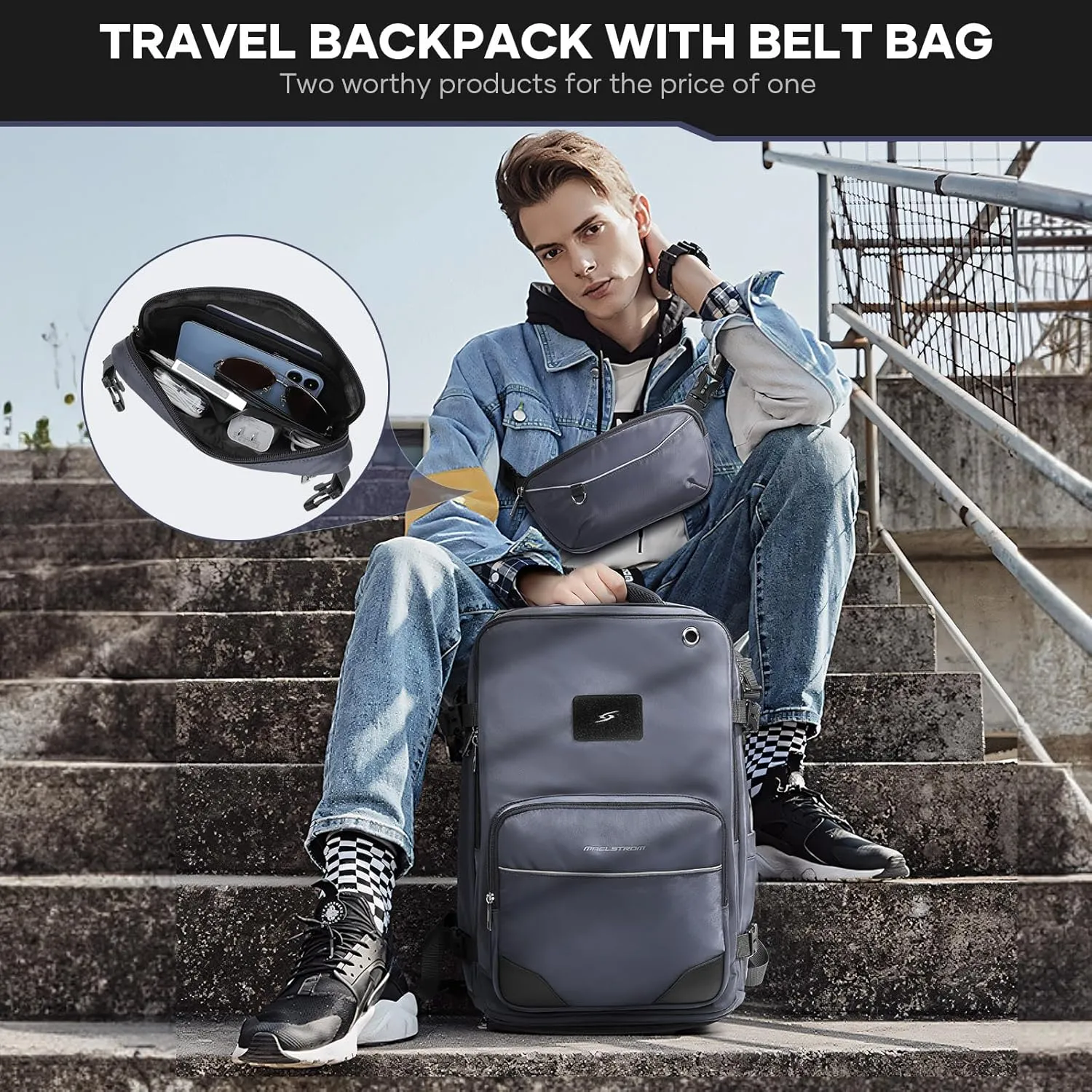 Maelstrom Travel Backpack for Men Women, 35L Carry on Backpack for Traveling on Airplane,with Belt Bag&Shoe Compartment,Waterproof Laptop Backpack fit 17”Laptop-Mystery Grey