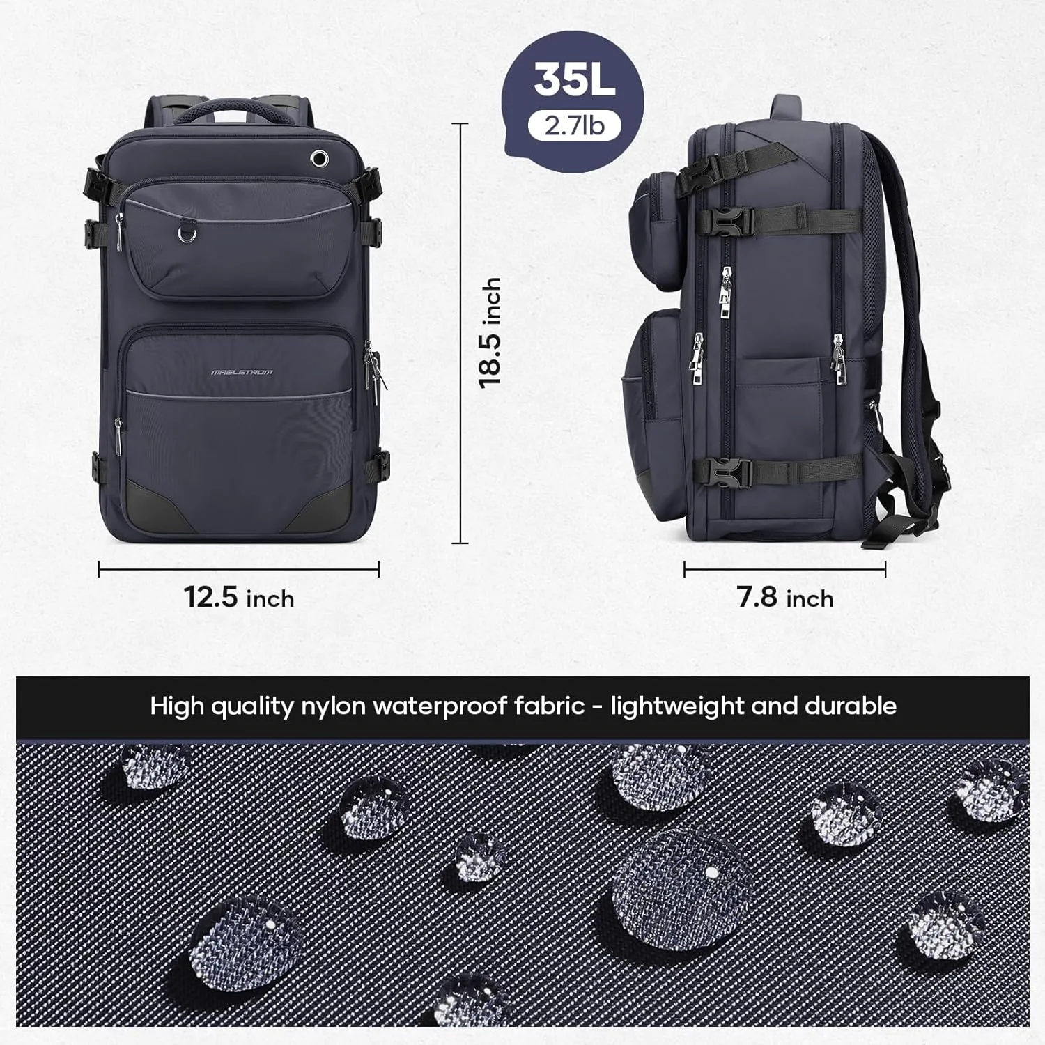 Maelstrom Travel Backpack for Men Women, 35L Carry on Backpack for Traveling on Airplane,with Belt Bag&Shoe Compartment,Waterproof Laptop Backpack fit 17”Laptop-Mystery Grey