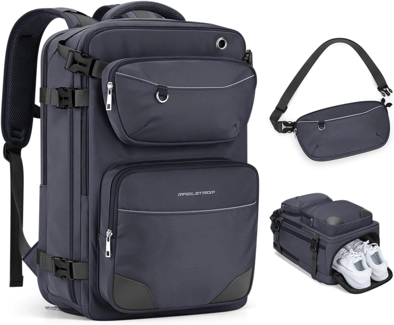 Maelstrom Travel Backpack for Men Women, 35L Carry on Backpack for Traveling on Airplane,with Belt Bag&Shoe Compartment,Waterproof Laptop Backpack fit 17”Laptop-Mystery Grey