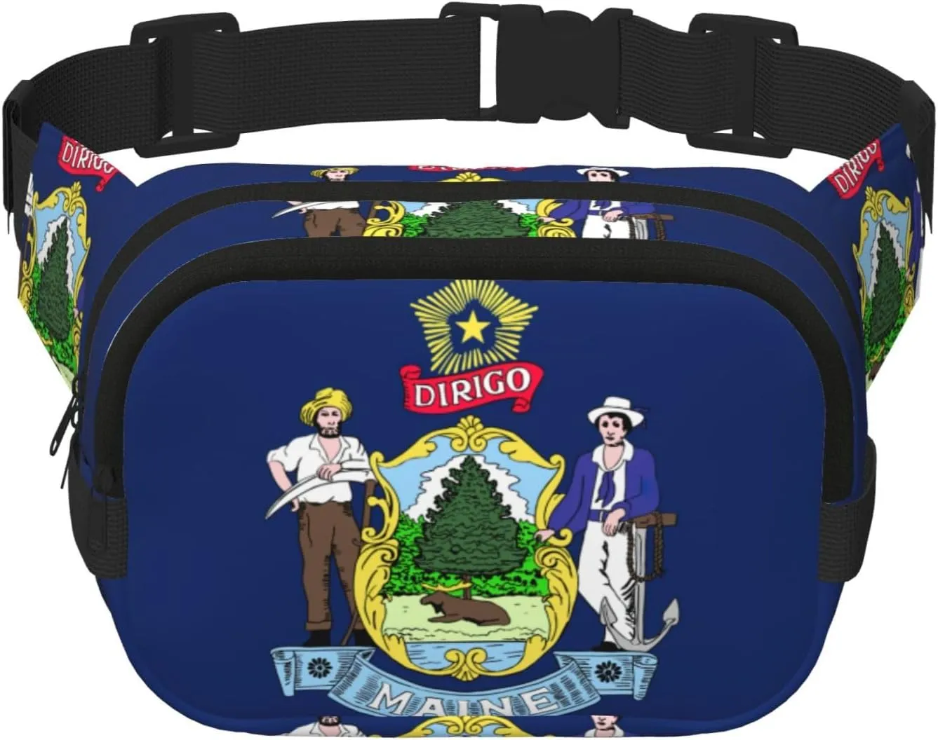Maine State Flag Print Square Double Layer bag Waist Bag Trendy Pack Travel Bag with Adjustable Bel