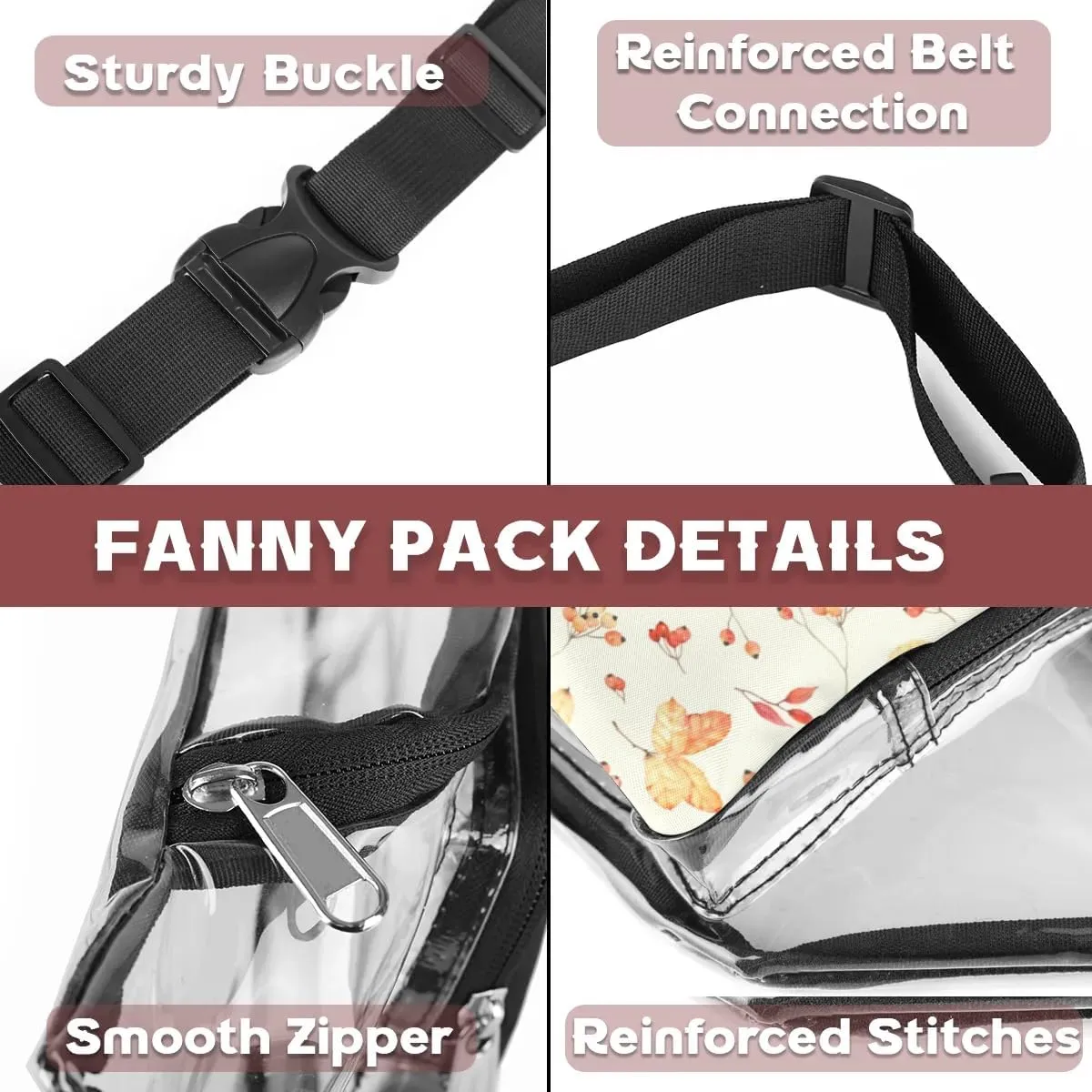 Maple Leaf Autumn Clear Fanny Pack Stadium Approved Clear Crossbody Belt Bag for Women Men Transparent Waist Bag with Adjustable Strap for Concerts Sports Events Travel