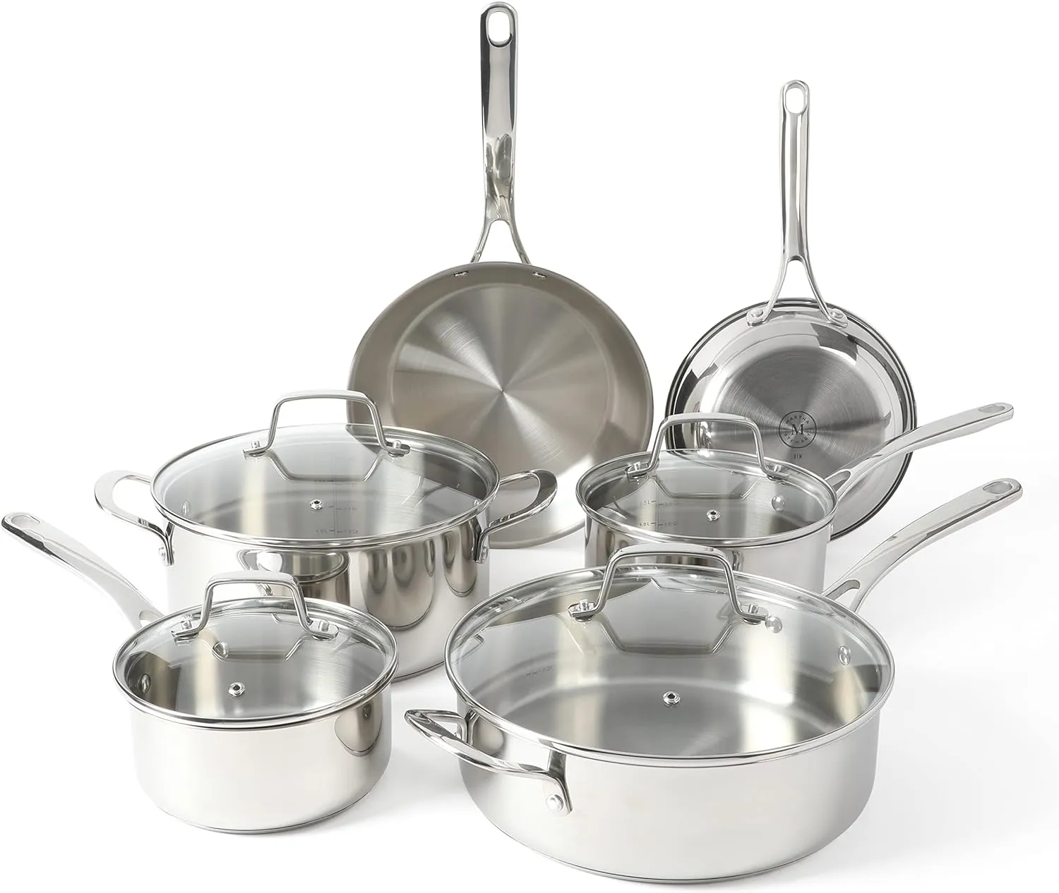 Martha Stewart Castelle 10 Piece 18/8 Stainless Steel Induction Safe Pots and Pans Non-Toxic Triply Bottom Kitchen Cookware Set