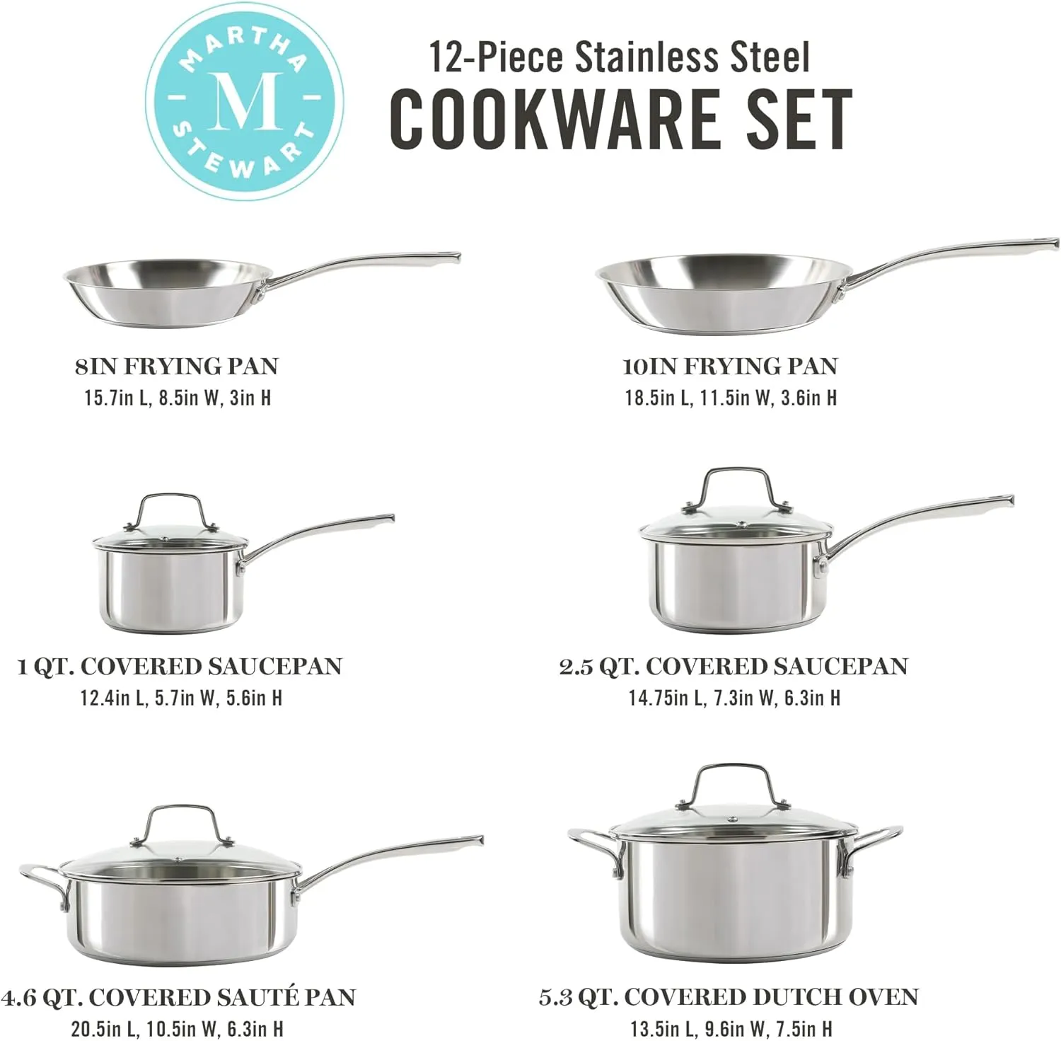 Martha Stewart Castelle 10 Piece 18/8 Stainless Steel Induction Safe Pots and Pans Non-Toxic Triply Bottom Kitchen Cookware Set