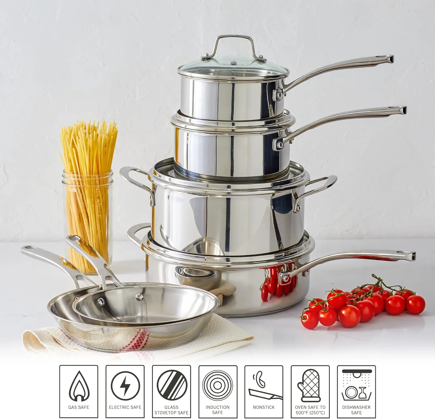 Martha Stewart Castelle 10 Piece 18/8 Stainless Steel Induction Safe Pots and Pans Non-Toxic Triply Bottom Kitchen Cookware Set