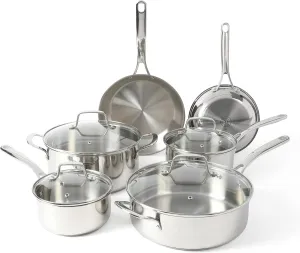 Martha Stewart Castelle 10 Piece 18/8 Stainless Steel Induction Safe Pots and Pans Non-Toxic Triply Bottom Kitchen Cookware Set