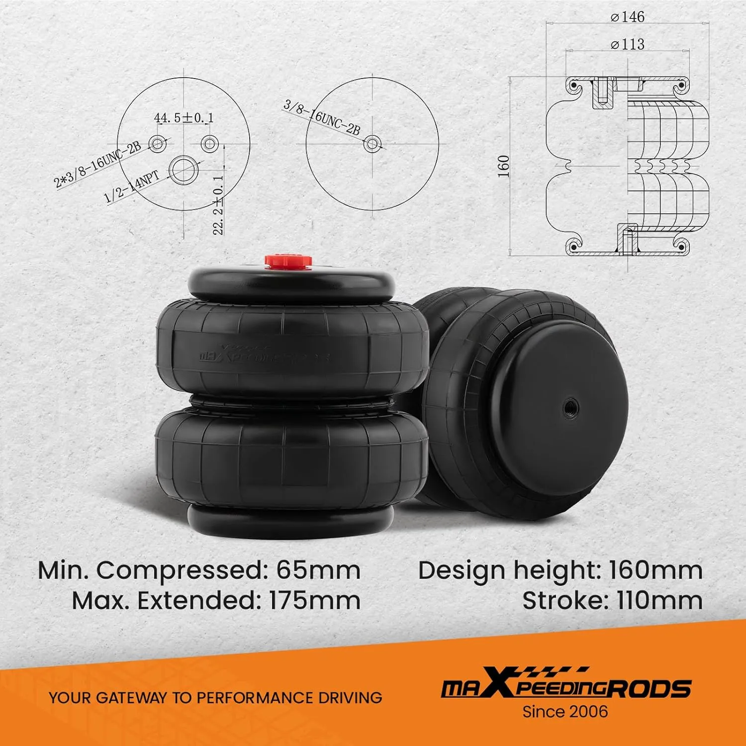maXpeedingrods 2PCS Universal Air Suspension Spring Double Bellow Standard 2500 lb 1/2"npt Single Port Air Ride Strut Assembly