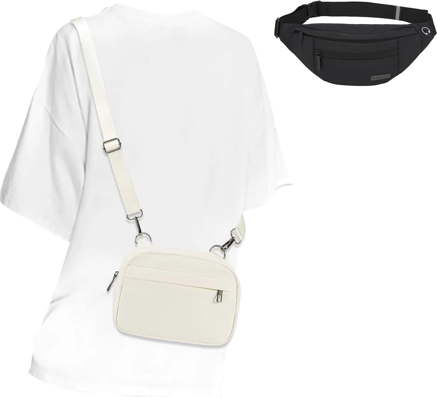 MAXTOP Large Crossbody Black Fanny Pack Belt Bag for Women Men with Small Crossbody Bags for Women Gifts for Enjoy Sports Yoga Festival Workout Traveling Running(Beige)